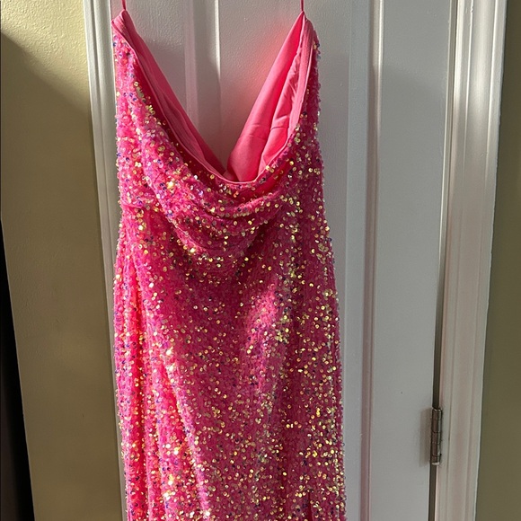 Fashion Nova Vibrant Pink Sequin Gown with Gold Sparkle - Picture 3 of 4